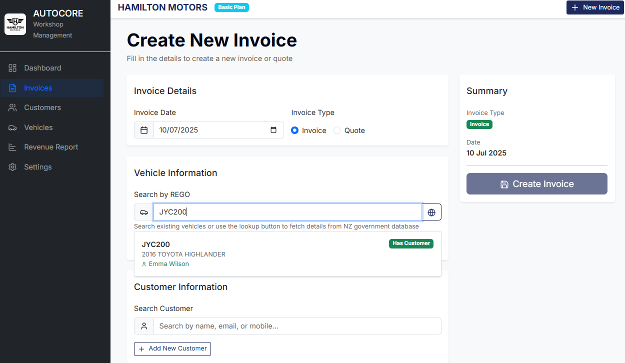 AUTOCORE Create Invoice NZ